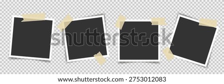 Four blank photo frames glued with adhesive tape strips. Empty instant camera photos with masking tape overlays. Great for wedding travel layouts, digital collage, photo album, social media
