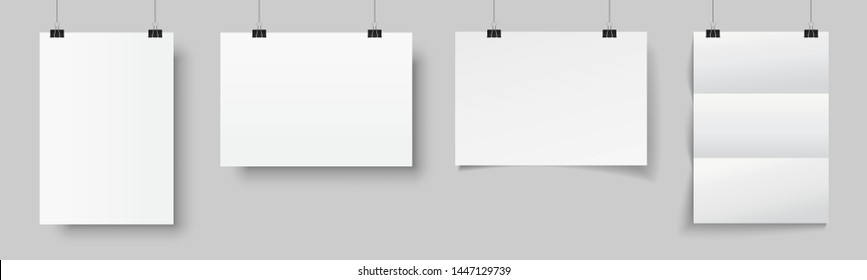 Four blank posters hanging with shadows. White hanging white paper on binders. A4 paper page, mockup, sheet on wall - stock vector