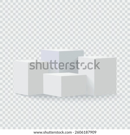 Four blank square podiums with shadow stand to show products on transparent background, Vector illustration.