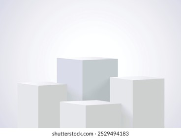 Cuatro podios cuadrados en blanco se colocan para mostrar productos sobre fondo blanco, Ilustración vectorial.