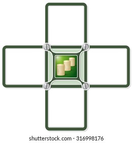 Four blank text areas and coin