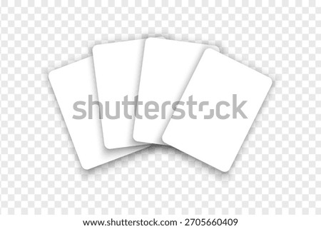 Four blank white playing cards isolated on transparent background. Playcards mockup. Poker game concept. Vector realistic illustration.