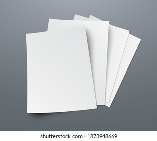 Four blanks of paper with shadows lie on a gray background. A4 paper page, mockup, sheet on the table - vector