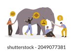 Four blindfolded male and female characters touching an elephant on white background. People with different perceptions, impressions and opinions towards an elephant. Flat cartoon vector illustration