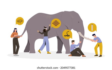Four blindfolded male and female characters touching an elephant on white background. People with different perceptions, impressions and opinions towards an elephant. Flat cartoon vector illustration