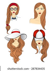 Four blond young girls  with long hair made in sketch doodling style. Girl - nerd with cat-eyes style glasses, lady in the baseball cap, and a women in vintage classic hat with long fields. 