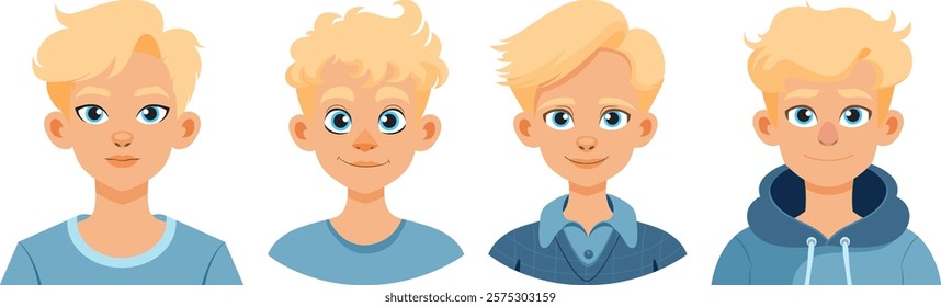 Four blonde boys with different hairstyles