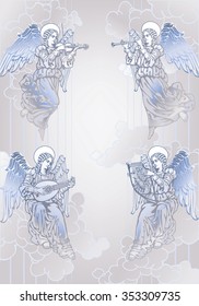 Four blue angel on a silver background / Toning - on a separate layer, color and blending mode can be changed