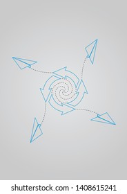 Four blue arrows in circle and folded paper planes on gray gradient background.