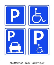 Four Blue Car Parking Area Traffic Signs Set, Classic Letter P, Handicapped Parking Sign, Curb / Sidewalk Park And Disabled Handicap Icon. Vector Art Image Illustration, Isolated On White Background