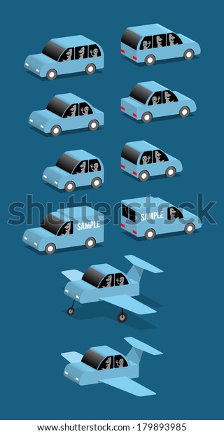Four\
blue cars and airplane, vector cartoon\
illustration