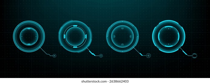 Four blue circle hud vector interfaces and target frames. Graphic user elements for futuristic screen technology. Vector graphics.