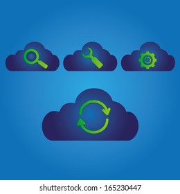 four blue clouds with a lot of green icons inside it