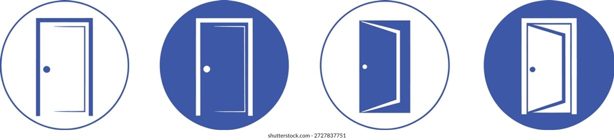 Quatro portas azuis em diferentes estados abertos branco fechado