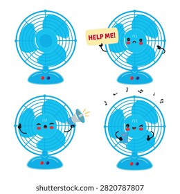Four blue electric fan mascots include a help sign and varied expressive cartoon situations.