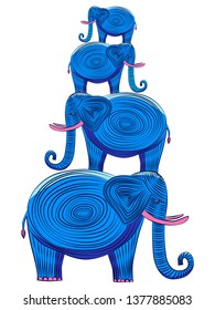 Four blue elephants that stand on top of each other. Elephants with tusks and a twisted trunk. The pyramid of elephants.