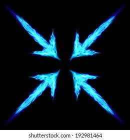 Four blue fire arrows directed to the centre. Illustration on black background