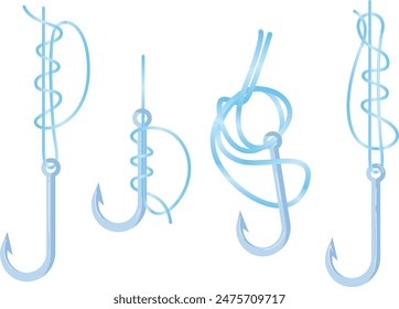 Cuatro ganchos de pesca azul nudos técnicas de Ilustración vectorial de fondo blanco aislado. Diferentes métodos de amarre de anzuelos, guía de equipo de pesca. Instrucciones detalladas de nudos de pesca escalonados