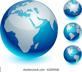 Four blue high-detailed earth balls. Vector.