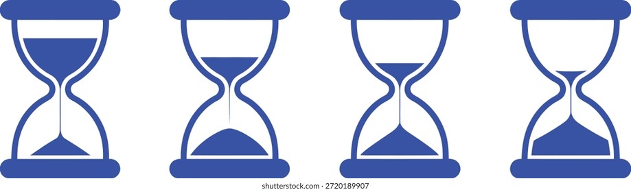 Cuatro relojes de arena azules que muestran diferentes etapas del tiempo
