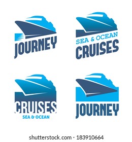 Four blue labels with stylized cruise liner in vector