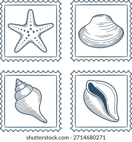 Quatro selos de postagem de arte de linha azul com conchas e estrelas-do-mar