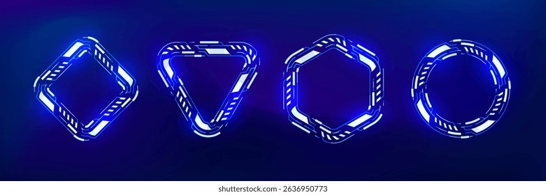 Four blue neon HUD frames on a dark background