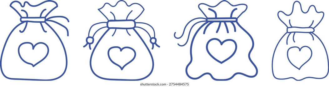 Four blue outline drawstring bags with hearts