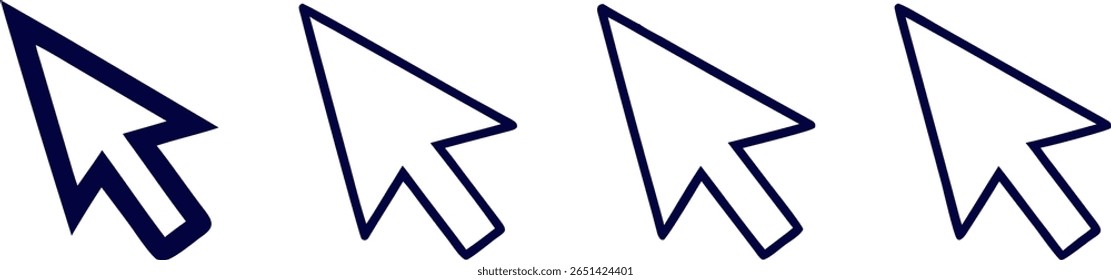 Cuatro iconos de cursor delineados en azul dispuestos en una fila contra un fondo negro sólido. Diseño minimalista.