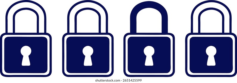 Four blue padlocks in a row on a black background, representing security, protection, and privacy in a simple graphic style.
