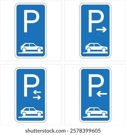 Four blue parking road signs indicating parking permission and directions, guiding drivers to available parking spaces.