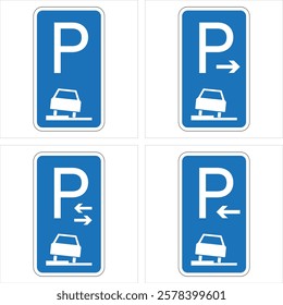 Four blue parking signs showing different parking regulations, guiding drivers on correct parking procedures.