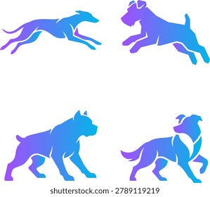 Four blue purple gradient icons Greyhound running, Jack Russell jumping, Pitbull standing, Border Collie walking.