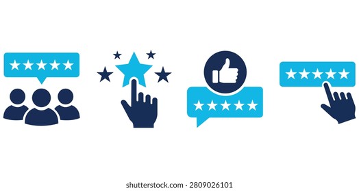 Four blue review icons featuring group discussion star rating selection thumbs up feedback and hand clicking five stars representing customer satisfaction and evaluation concepts
