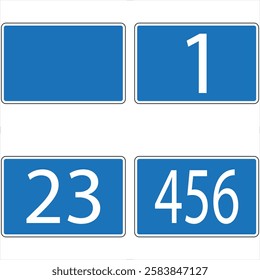 Four blue road signs displaying numbers one, twenty-three, four hundred fifty-six and a blank space, offering customization options.