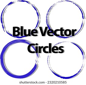 Cuatro círculos vectoriales azules con texto sobre un fondo blanco, cuatro círculos azules dibujados con un pincel sobre un fondo blanco. Ilustración vectorial. EPS 10