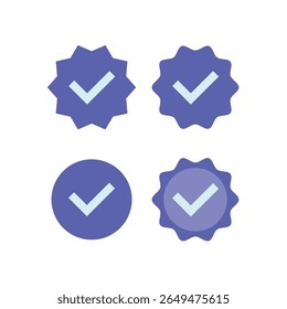 Four blue verification badges, two starburst-shaped, one circular, arranged symmetrically on a white background, flat, vector-style illustration, clean, modern, trustworthy, and simple.