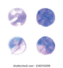 Four blue-violet watercolor round vector artistic hand drawn design elements with an aquarelle paper texture made with dry effect brush paint on white background for text design,labels,cards,backdrops