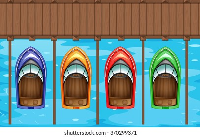 Four boats parking at the pier illustration