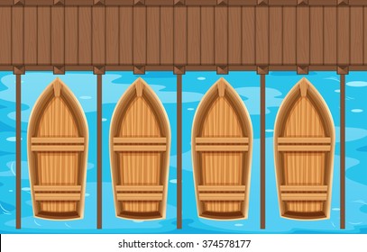 Four boats parking at the pier illustration