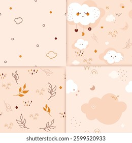 Four bohemian nursery seamless patterns. Gender neutral color repeating pictures with kawaii leaves rainbows moon heart star.