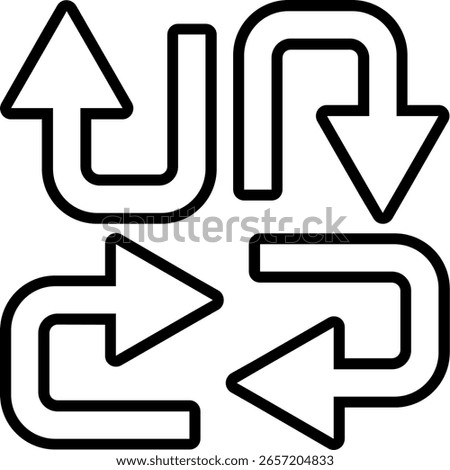 four bold, curved arrows pointing in different directions: upward, downward, rightward, and leftward. 