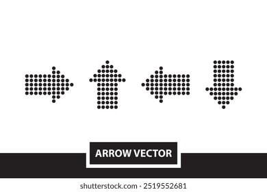 Four bold, dotted arrow shapes formed by black circles, pointing in different directions on a plain white background, creating a simple and modern graphic layout.