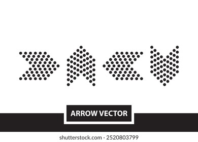 Four bold, dotted arrow shapes formed by black circles, pointing in different directions on a plain white background, creating a simple and modern graphic layout.