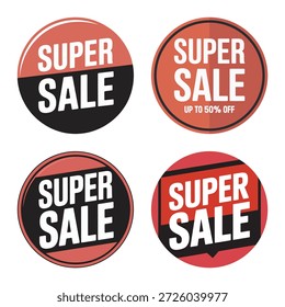 Four bold red and black super sale promo stickers for retail and online marketing.