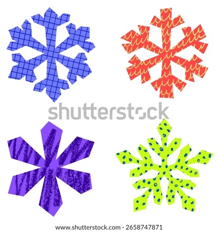 Four bold, stylized snowflake shapes with vibrant colors and playful patterns. Vector illustration.