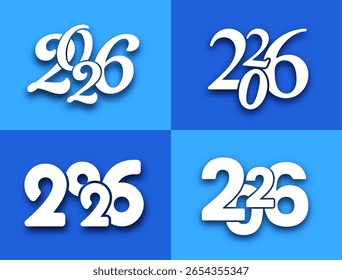 Four bold white 2026 designs using unique fonts with shadows, displayed on blue backgrounds.