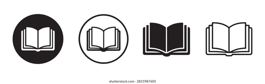 Four book icons, two in circles, two freestanding. Open pages graphic, symbol of knowledge and learning.