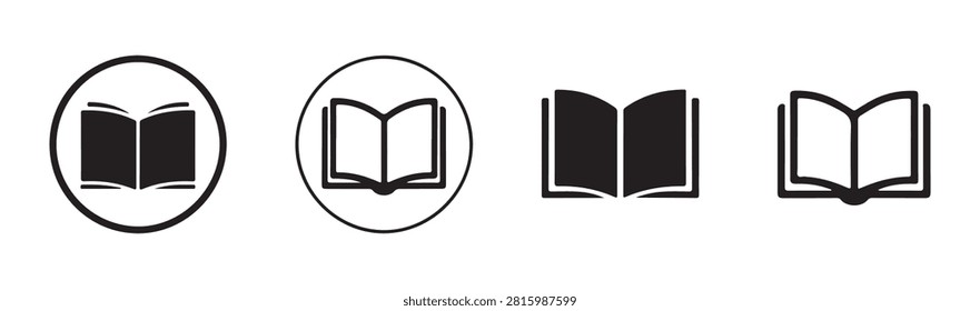 Four book icons, two inside circles, two freestanding. Open pages graphic, symbol of knowledge, education.