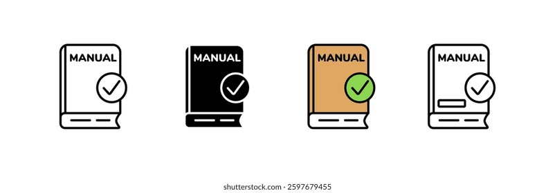 Four book manual icons with check marks showing approval, each in different design styles and colors.